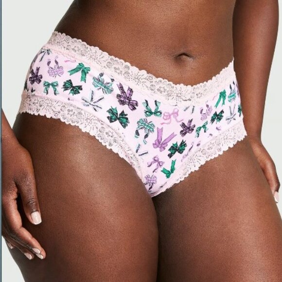 PINK Victoria Secret Cotton Ribbed Cheeky Panty S M L XL Lace Trim Bows Pink - Picture 6 of 7